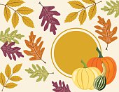 Fall Pumpkin Background with Autumn Leaves, Copy Space with Label. Vector EPS10 Illustration.