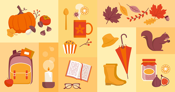 Fall season icons set: food, back to school, nature and objects