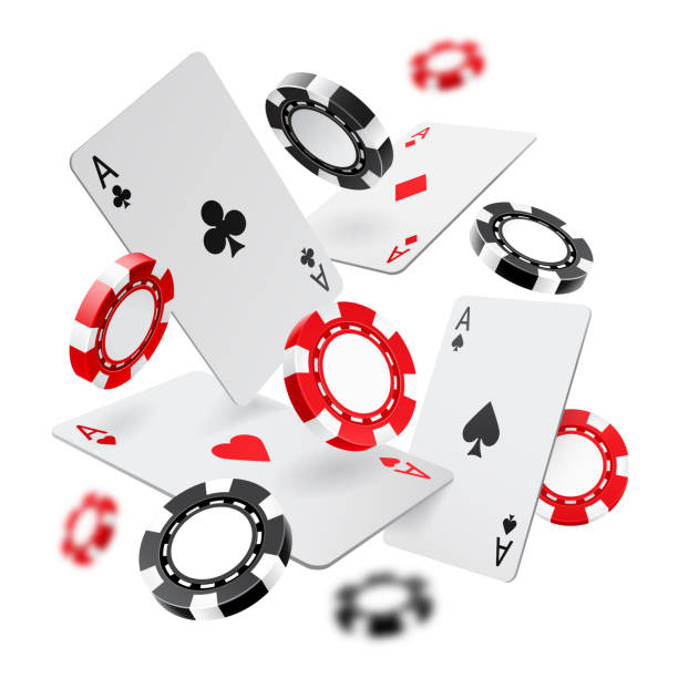 ilustrações de stock, clip art, desenhos animados e ícones de falling aces and casino chips with blurred elements on white background. playing cards, red and black money chips fly. the concept of winning or gambling. poker and card games. vector illustration - casino icon