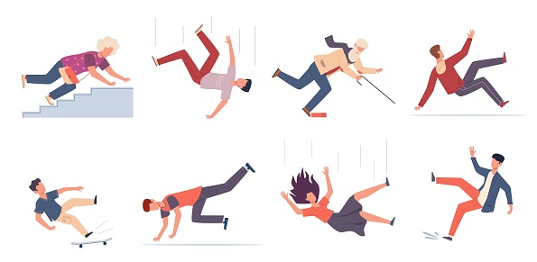 Falling down people. People of different ages stumbling and jumping down stairs, slipping wet floor, injured men, women, children vector set