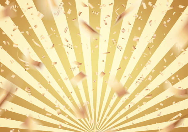 Falling gold confetti on sunburst background Vector EPS 10 format. anniversary backgrounds stock illustrations