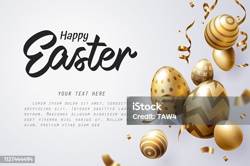 istock Falling Golden Easter egg and Happy Easter text celebrate 1127444494
