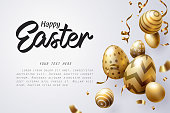 Falling Golden Easter egg and Happy Easter text celebrate, vector art and illustration.