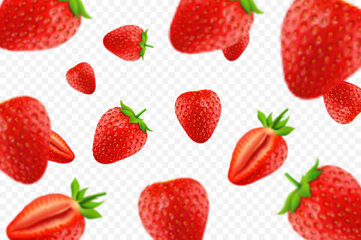 Falling juicy ripe strawberry with green leaves isolated on transparent background. Flying defocusing strawberry berries. Applicable for juice advertising. Vector 3d realistic illustration.