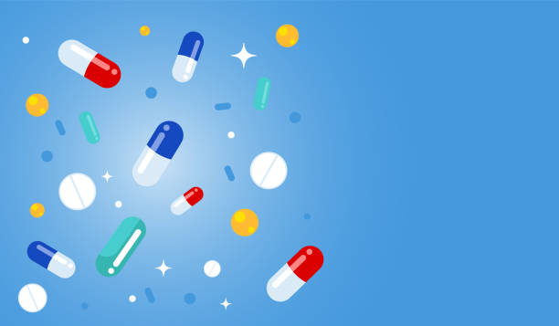 Falling medical pills. Various pills, drugs, capsules hover on a blue background. Falling medical pills. Various pills, drugs, capsules hover on a blue background. Vector illustration with copy space. pain backgrounds stock illustrations