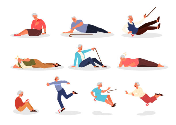 Falling old people set. Retired men and women falling down. Elderly person with cane falling. Falling old people set. Retired men and women falling down. Elderly person with cane falling. Pain and injury. Vector illustration in cartoon style falling illustrations stock illustrations