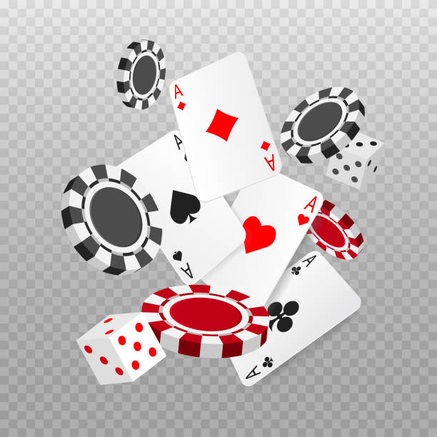 Falling or flying aces poker cards, playing chips and dice. Falling or flying aces poker cards, playing chips and dice. Playing card. Casino advertising banner. Vector illustration isolated on transparent background. gambling chip stock illustrations