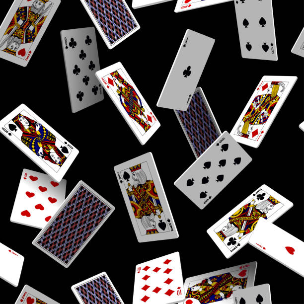 Falling playing cards seamless pattern isolated on black background Falling playing cards seamless pattern isolated on black background. Original design in three dimensional style. Vector illustration suit stock illustrations