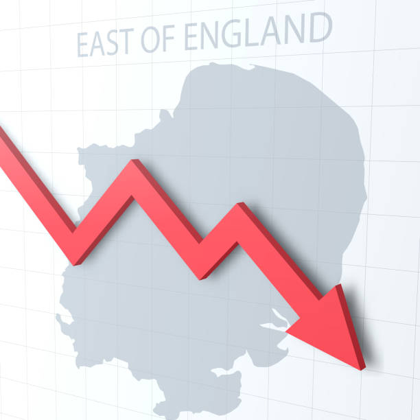 ilustrações de stock, clip art, desenhos animados e ícones de falling red arrow with the east of england map on the background - norwich