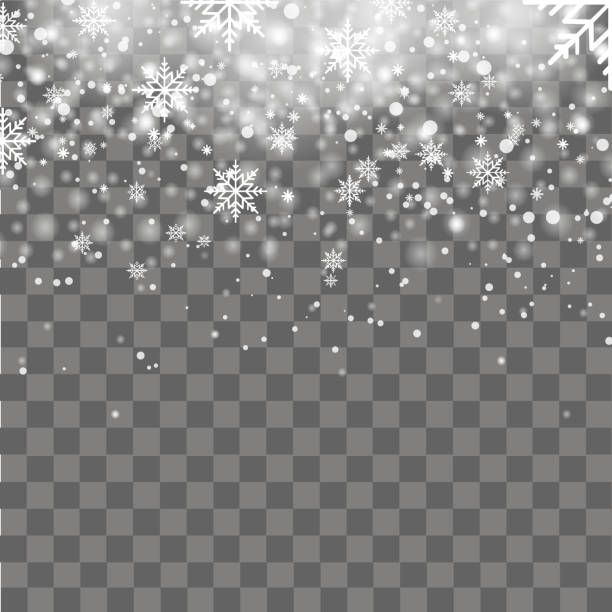 kar veya kar taneleri şeffaf arka plan üzerinde parlayan düşüyor. vektör. - blizzard stock illustrations