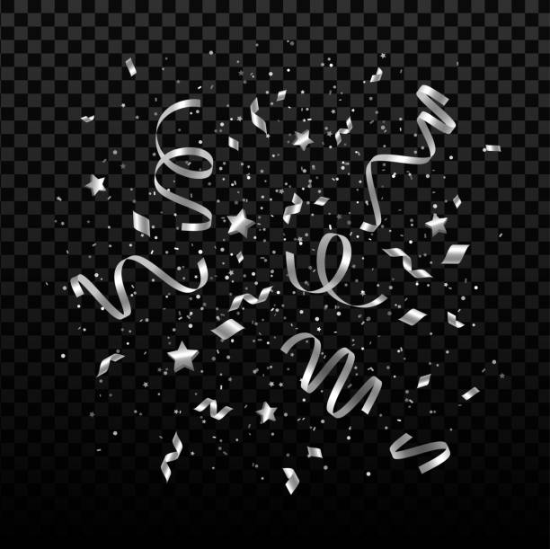 Falling shiny silver confetti stars vector art illustration