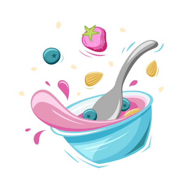 Falling smoothie bowl with spoon, flying berries and splash. Stylized fruit yogurt or healthy food Falling smoothie bowl with spoon, flying berries and splash. Stylized fruit yogurt or healthy food. Cartoon flat illustration. Color isolated vector clip art on white background smoothie clipart stock illustrations