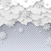 Falling snow on transparent background in paper cut style. Snowstorm clouds overlay effect for Christmas and New Year Design. Vector illustration