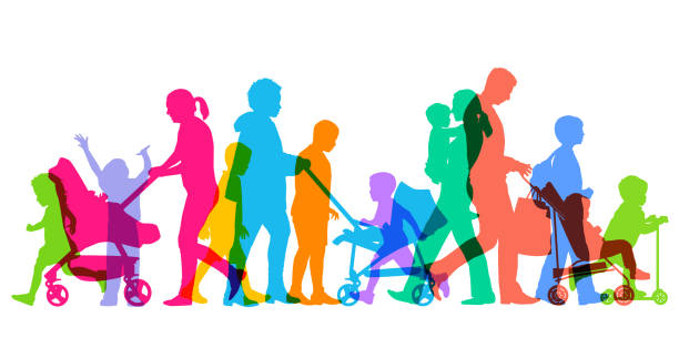 Families and Children Colourful overlapping silhouettes of families and children baby carriage stock illustrations