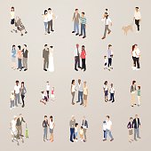 This detailed set of 20 icons is illustrated in a flat vector style. Various families, couples and groups of people can be seen together. Included are: a woman with a baby in a stroller; a young heterosexual couple; two gay men; a father with a small child sitting on his shoulders; a man with his dog; a family with a new baby; a man and woman getting married; a man and his pregnant partner; a mother with a baby son and a toddler daughter; a man and woman in casual clothing kissing; a multiracial couple and their son; three small girls playing together; a senior mother and father with their grown daughter; two small children in school uniforms; a mother and daughter; an elderly couple; a lesbian couple; two grandparents with their small grandchildren; a father walking with his young son, and a senior man and woman.