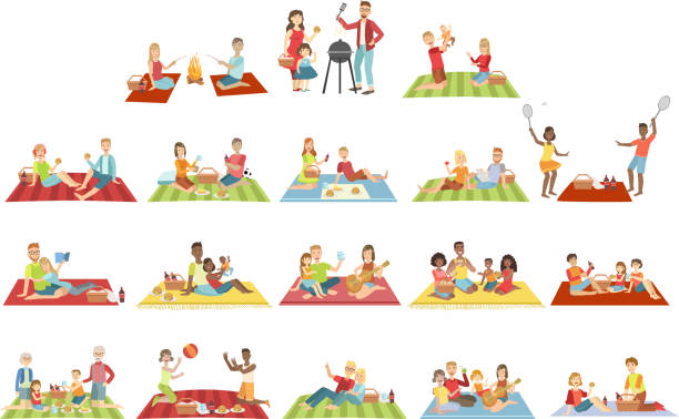 ilustrações de stock, clip art, desenhos animados e ícones de families on picnic outdoors - kid reading outside