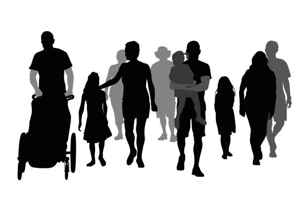 Families Walking Silhouette vector illustration of various people and their families walking together cartoon of the family reunions stock illustrations