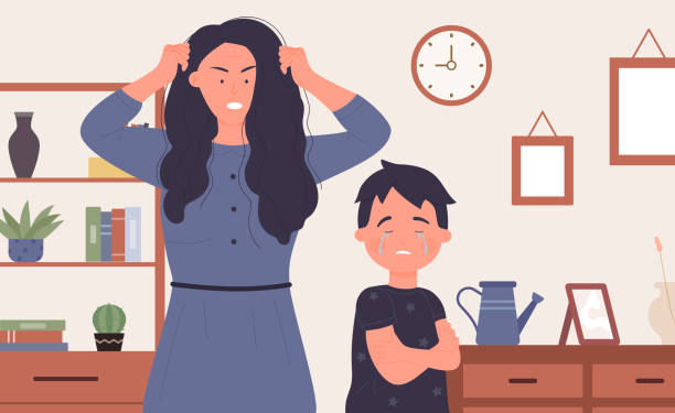 Family abuse, young angry mother screaming at sad crying son child boy victim of violence Family abuse vector illustration. Cartoon young angry mother screaming at sad crying son child boy victim of domestic violence, conflict conversation, parents and children bad relationship background divorce backgrounds stock illustrations