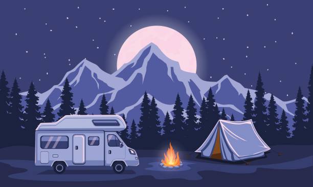stockillustraties, clipart, cartoons en iconen met familie avontuur camping avond scène. caravan camper camper rv reiziger op reis gaat naar bergen. pine forest en rotsen achtergrond, sterrennacht hemel met maanlicht - klimbos