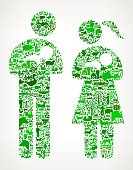 Family and Babies Icon . The green vector icons create a seamless pattern and include popular farming and agriculture. Farm house, farm animals, fruits and vegetables are among the icons used in this file. The icons are carefully arranged on a light background and vary in size and shades of green color.
