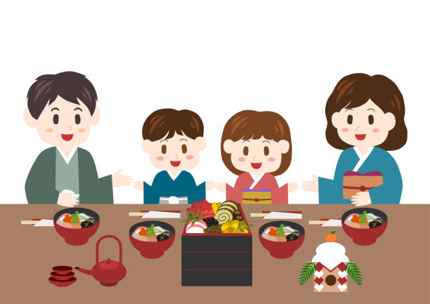 aile ve japon geleneksel yılbaşı yemeği - saki baba stock illustrations