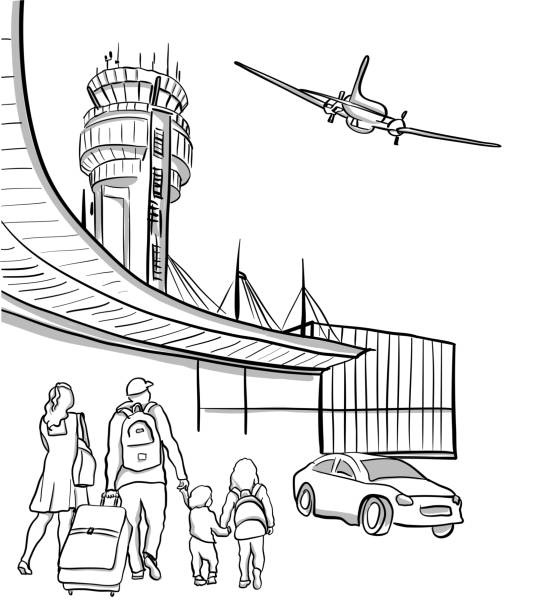 Family Arriving At Airport Sketch illustration of a family, or a couple and their two small children arriving at the airport with plane in the sky and a car leaving the airport airport drawings stock illustrations