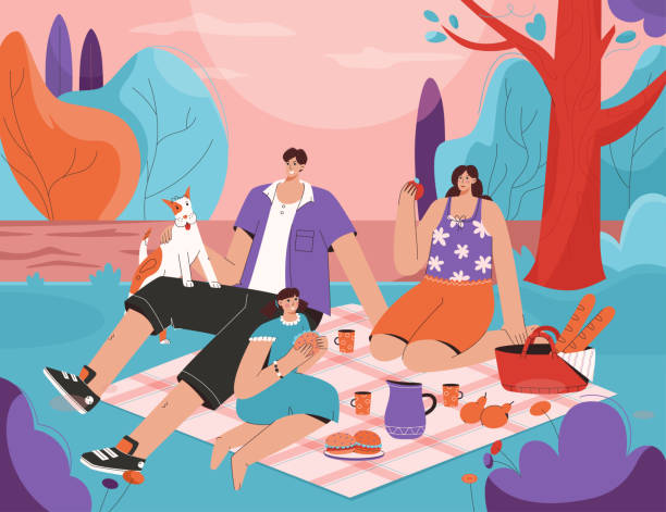 Family at picnic together. Mother, father, daughter and dog vector art illustration