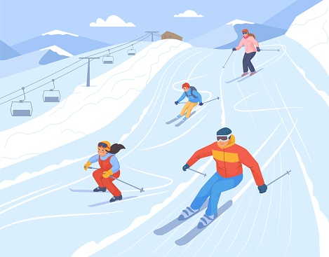Family at ski resort. Snowboarder on snow slope, winter skiing mountain elevator, kid skier on alpine lift, holiday vacation alps, travel activity sport, swanky vector illustration