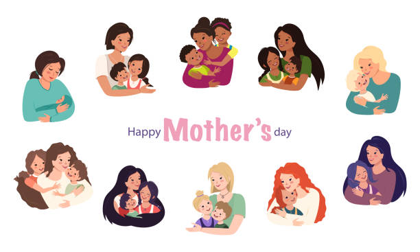 Family avatars set. Mom hugs the children. Happy mater day. Smiling faces of caring and loving people. Cheerful people of different nationalities. Parent with boy, girl and baby Family avatars set. Mom hugs the children. Happy mater day. Smiling faces of caring and loving people. Cheerful people of different nationalities. Parent with boy, girl and baby. Vector illustration african american mothers day stock illustrations