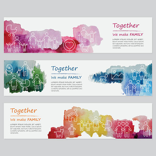 Family Banners Including Line Icons Set Vector watercolor banners including line icons set depicting families. family patterns stock illustrations