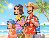 Vector illustration of a happy family, two parents and their little daughter, going on vacation on a tropical beach. They have just arrived and are carrying bags and suitcases. Concept for tourism, family and summer vacations.