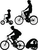 Vector silhouettes of a family riding bikes. 