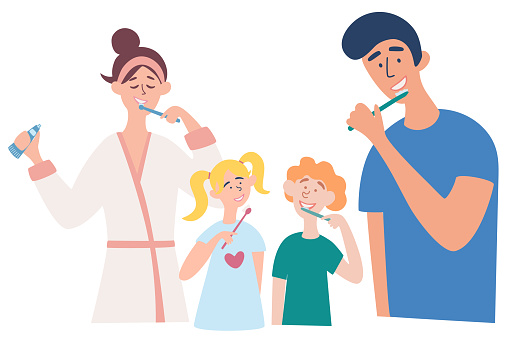 Family Brushing Their Teeth Together. Father, mother, son and daughter brushing their teeth. Picture design for web banner and health information published. Vector cartoon Illustration of a family.
