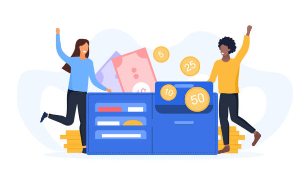Family budget concept with multiracial couple Family budget concept with multiracial couple cheering on either side of a wallet with money and bank cards, colored vector illustration spending money stock illustrations
