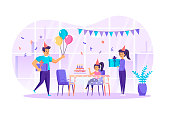 Family celebrating birthday scene. Girl sits at festive table, cake with candles, mom and dad congratulate, give gifts. Kid home party concept. Vector illustration of people characters in flat design
