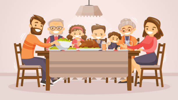 Family celebrating Thanksgiving Holiday card Christmas and Thanksgiving inspired winter Holiday card with caucasian family celebrating Thanksgiving at the table. Vector flat design family Holiday weekend illustration for poster, card, banner. family dinner stock illustrations
