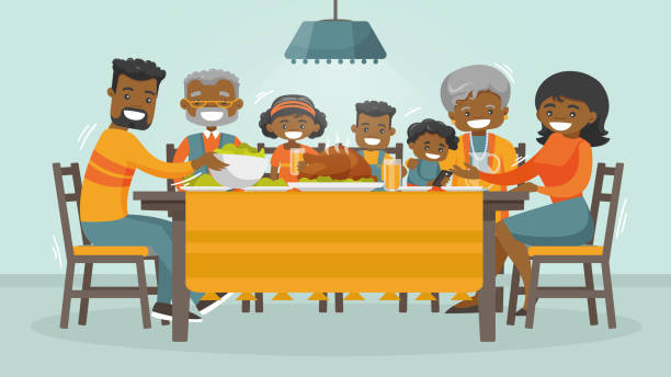 Family celebrating Thanksgiving Holiday card Christmas and Thanksgiving inspired winter Holiday card with african family enjoying Thanksgiving turkey at the table. Vector flat design family Holiday weekend illustration for poster, card, banner. family dinner stock illustrations
