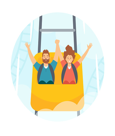 Family Characters Man and Woman Riding Roller Coaster in Amusement Park, Fun Fair Carnival Weekend Activity, Leisure