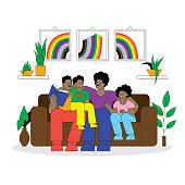 Gay parents and their children enjoying family time.
Editable vectors on layers.