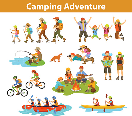 Family, couple, children camping, rafting, hiking, sitting at campfire, make photos of animals, kayaking, mountain biking, planning trip looking at map and tablet, jumping, fishing. People tourist travel, outdoor vacation