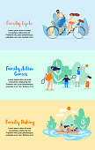 Family Cycle Active Games Family Fishing Vector Flat Illustration Banner. Parents with Children Play Badminton and Ball. Whole Family Went for Weekend on Beautiful Lake Go Boating Fish