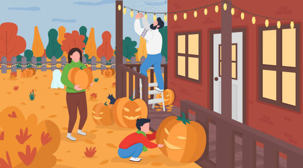 stockillustraties, clipart, cartoons en iconen met familie versieren voor halloween platte kleur vector illustratie - family garden,party