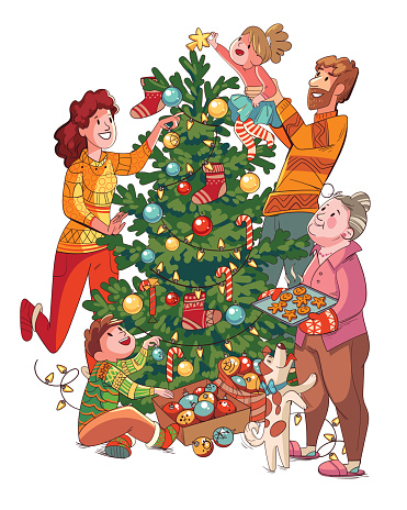 Family decorates christmas tree. Funny cartoon character