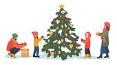 Family decorating Christmas tree. Mother, father and children in warm clothes decorate Christmas tree outside on white background.