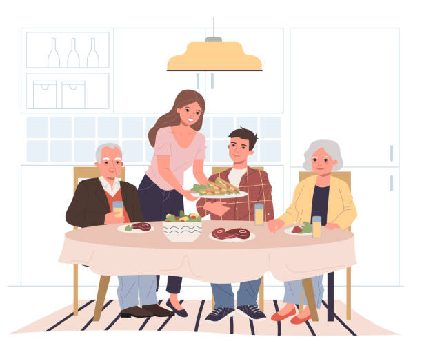Family dinner at home Family dinner at home. Young and senior couple eating together at dining table flat vector illustration. Generation, holiday, parents concept for banner, website design or landing web page family dinner stock illustrations