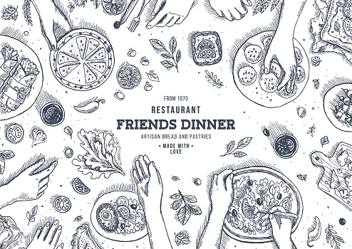 Family dinner top view illustration. Dinner table background. Engraved style illustration. Hero image. Vector illustration