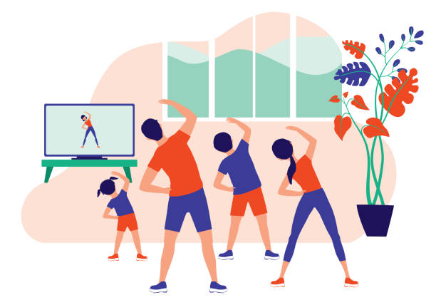 Family Doing Online Exercise Together At Home. Healthy Lifestyle Indoor Fitness. Vector Illustration Flat Cartoon. Dad, Mom, Son And Daughter Doing Stretching Workout. asian kids watching tv stock illustrations