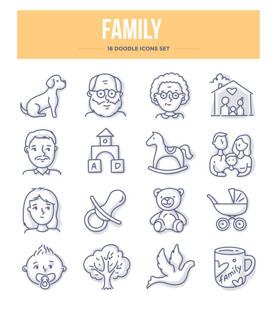 ilustrações de stock, clip art, desenhos animados e ícones de family doodle icons - grandparents vertical