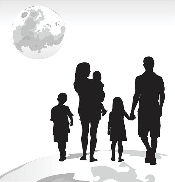 Family Dream Lunar Trip A vector silhouette illustration of a young familyincluding a mother, father, son, daughter, and infant walking on the earth looking at the moon. family silhouettes stock illustrations