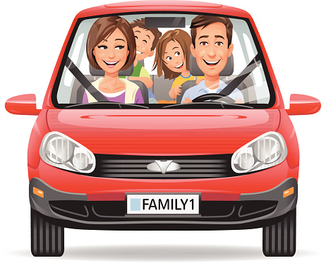 Family Driving In A Red Car